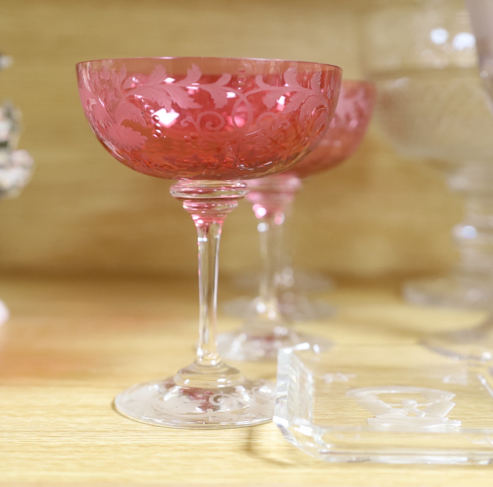 A collection of mostly 19th century engraved glass to include a Masonic dish